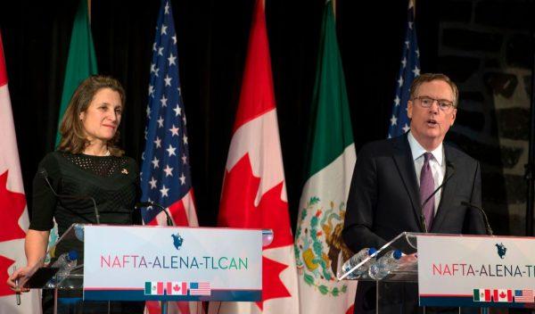 Canadian Foreign Affairs minister Chrystia Freeland (L) looks on as U.S. Trade Representative Robert Lighthizer speaks to the press at the closing of the NAFTA meetings in Montreal, Quebec on Jan. 29, 2018. (PETER MCCABE/AFP/Getty Images)