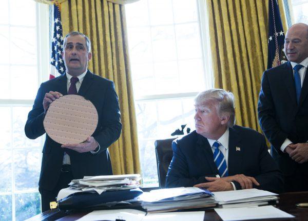 Intel CEO Brian Krzanich speaks during a meeting with President Donald Trump at the White House on Feb. 8, 2017 in Washington, D.C. Intel owns Altera, the world’s second largest manufacturer of field-programmable gate array. (Chris Kleponis-Pool/Getty Images)
