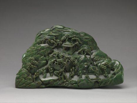 Boulder with Daoist paradise, 18th century (Qing Dynasty). Jade (nephrite), 10 9/16 inches high by 17 15/16 inches wide, by 5 5/16 deep, gift of Heber R. Bishop, 1902. (The Metropolitan Museum of Art)