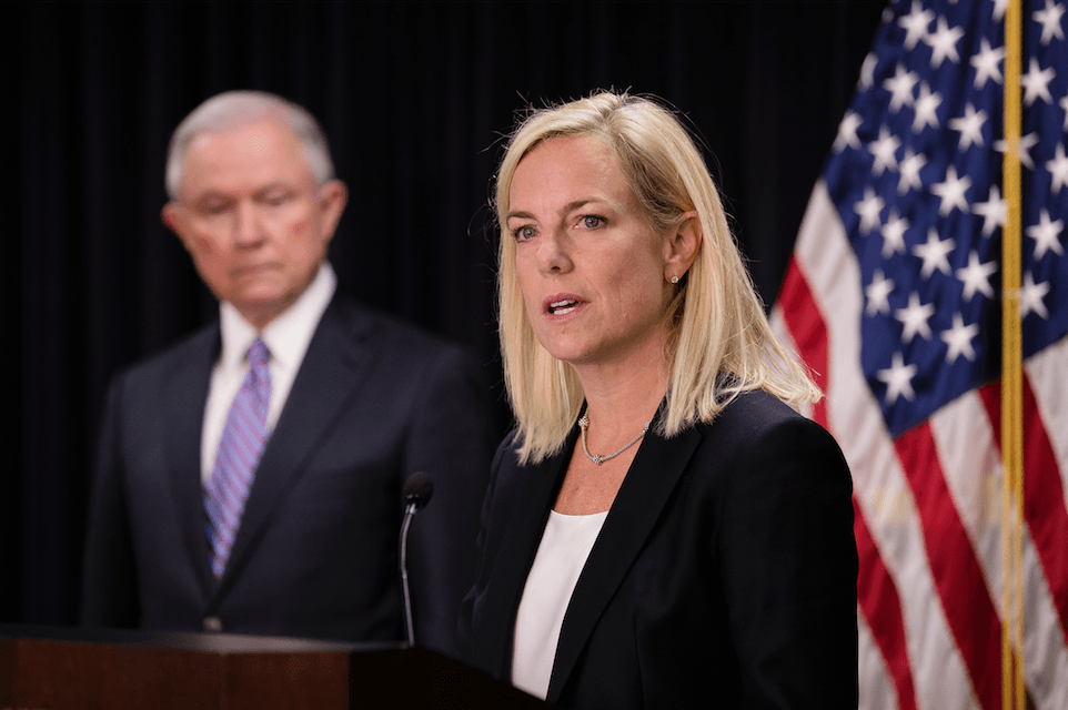 Department of Homeland Security Secretary Kirstjen Nielsen and Attorney General Jeff Sessions at a press conference in Baltimore, Md., on Dec. 12, 2017. (Samira Bouaou/The Epoch Times)