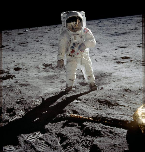 Astronaut Buzz Aldrin walks on the surface of the moon near the leg of the lunar module Eagle during the Apollo 11 mission in 1969. (NASA)