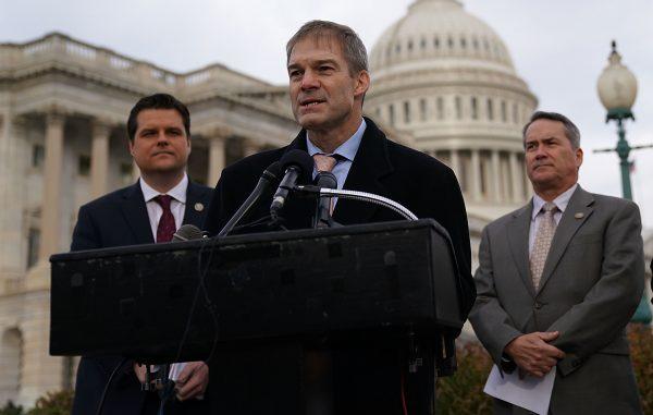 Rep. Jim Jordan speaks as (L-R) Reps. Matt Gaetz and Jody Hice listen during a news conference in front of the Capitol in Washington, D.C., on Dec. 6, 2017. (Alex Wong/Getty Images)