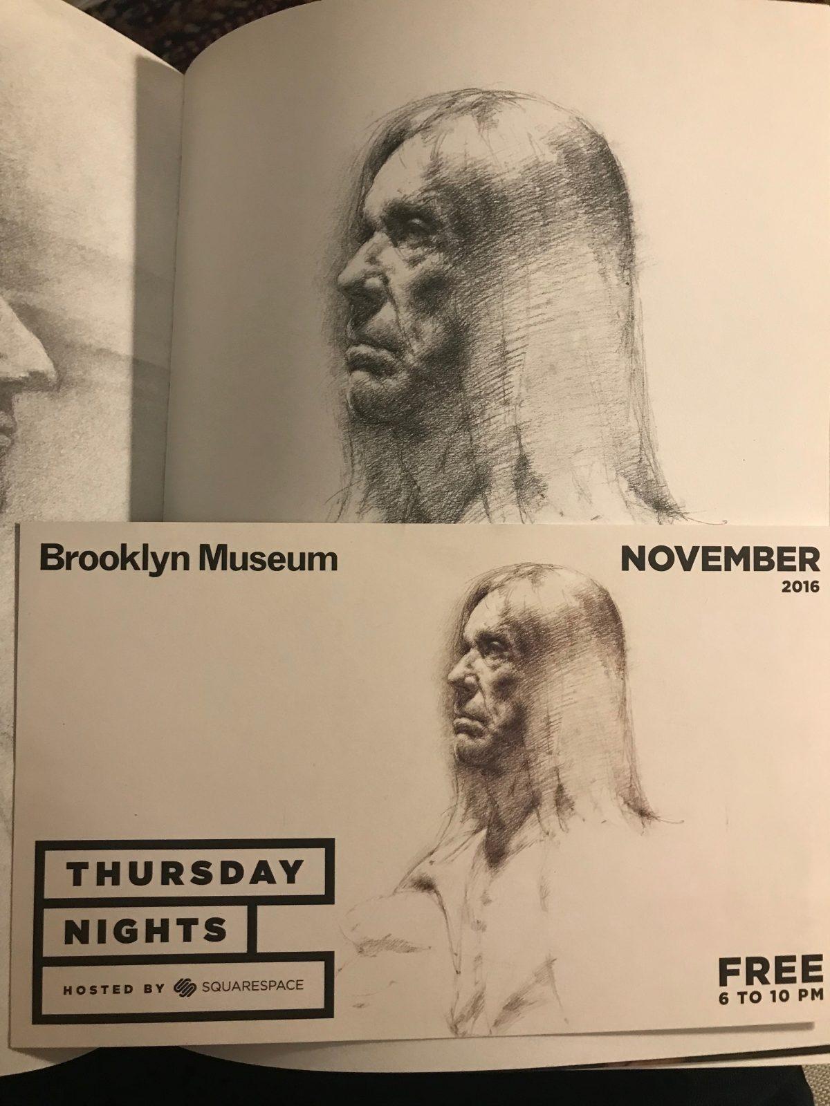 The Brooklyn Museum of Art's card and catalog showing M. Tobias Hall's drawing of Iggy Pop. (Milene Fernandez/The Epoch Times)
