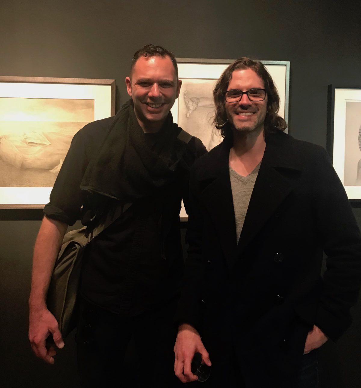 M. Tobias Hall (R) and his former teacher Michael Grimaldi at the opening of “On Paper, An Exhibition of Drawings” at The Florence Academy of Art–U.S. in Jersey City, N.J., on April 29, 2018. (Milene Fernandez/The Epoch Times)