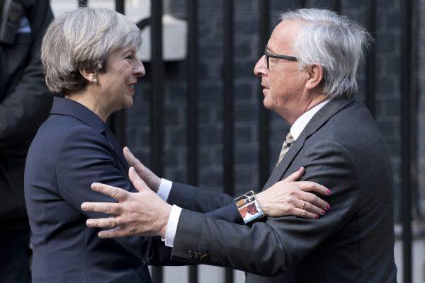 European Commission President Jean-Claude Juncker (R) is greeted by British Prime Minister Theresa May outside 10 Downing Street in London on April 26, 2017. (Justin Tallis/AFP/Getty Images)