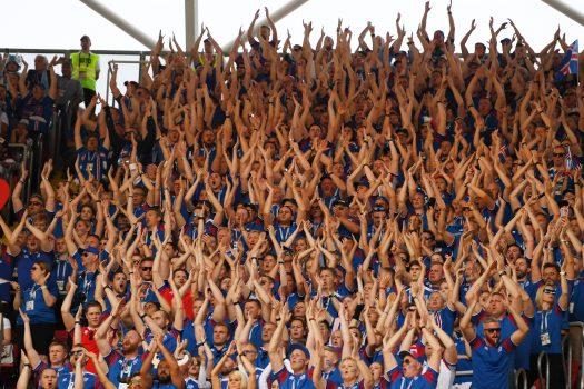 Iceland fans perform their famous Viking clap in Moscow on June 16, 2018. (Matthias Hangst/Getty Images)