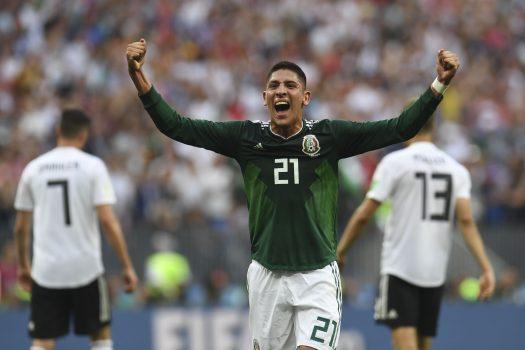 Mexico's Edson Alvarez celebrates after his team beat Germany at the Luzhniki Stadium in Moscow on June 17, 2018. (Patrik Stollarz/AFP/Getty Images)