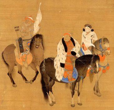Detail of “Kublai Khan Hunting” by Liu Kuan-tao showing Kublai Khan and Chabi, wearing robes made of wool. (Public Domain)