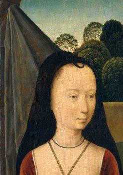Detail of “Diptych With the Allegory of True Love” by Hans Memling, shows the hennin worn by Medieval ladies. (Public Domain)