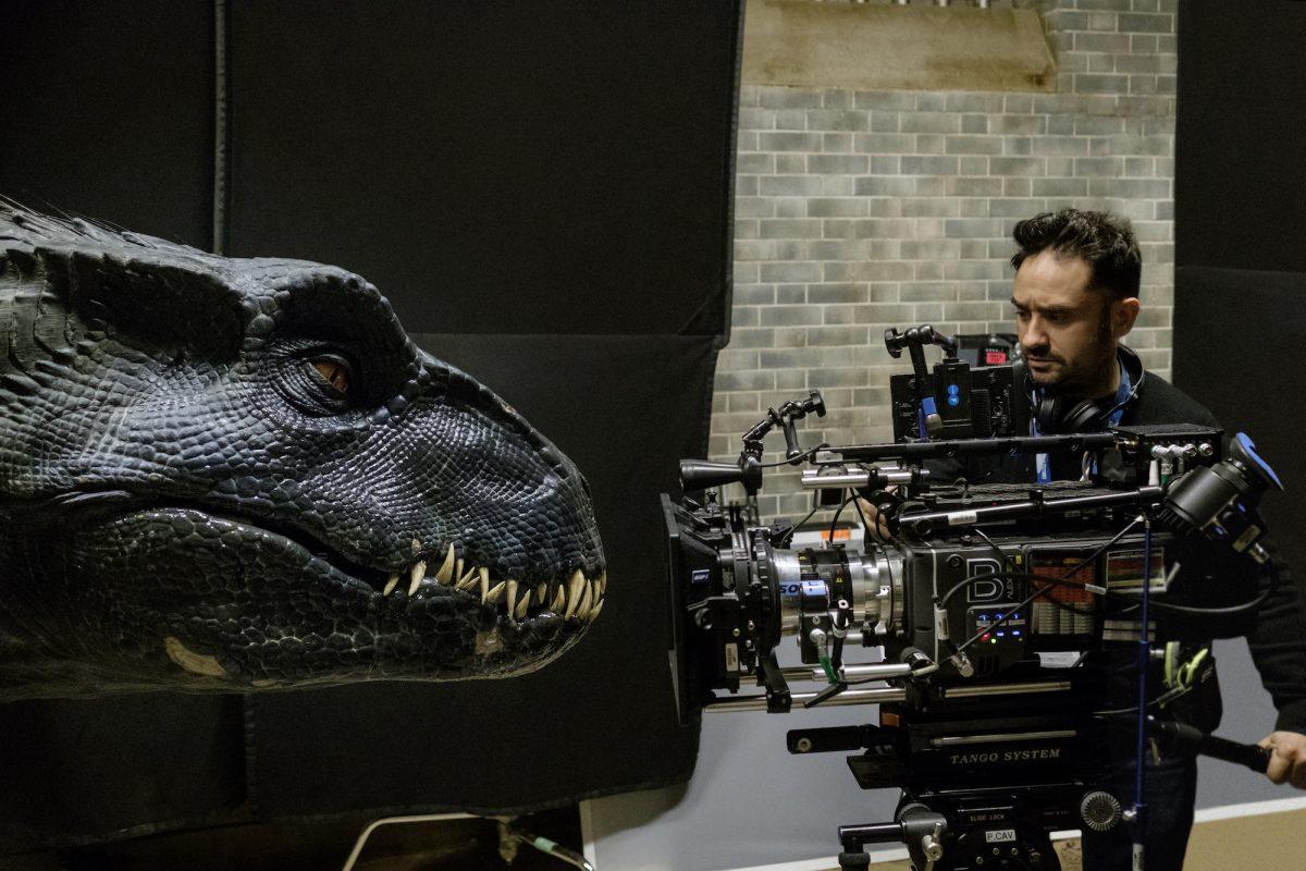Director J.A. Bayona with the Indoraptor on the set of "Jurassic World: Fallen Kingdom." (Giles Keyte/Universal Studios/Amblin Entertainment, Inc./Legendary Pictures Productions, LLC)