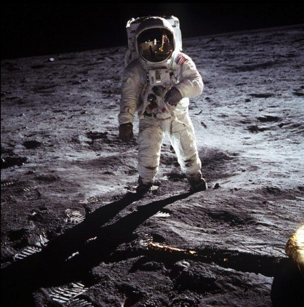 Buzz Aldrin, lunar module pilot, walks on the surface of the Moon near the leg of the Lunar Module (LM) "Eagle" during the Apollo 11 exravehicular activity (EVA). (NASA/Neil Armstrong)