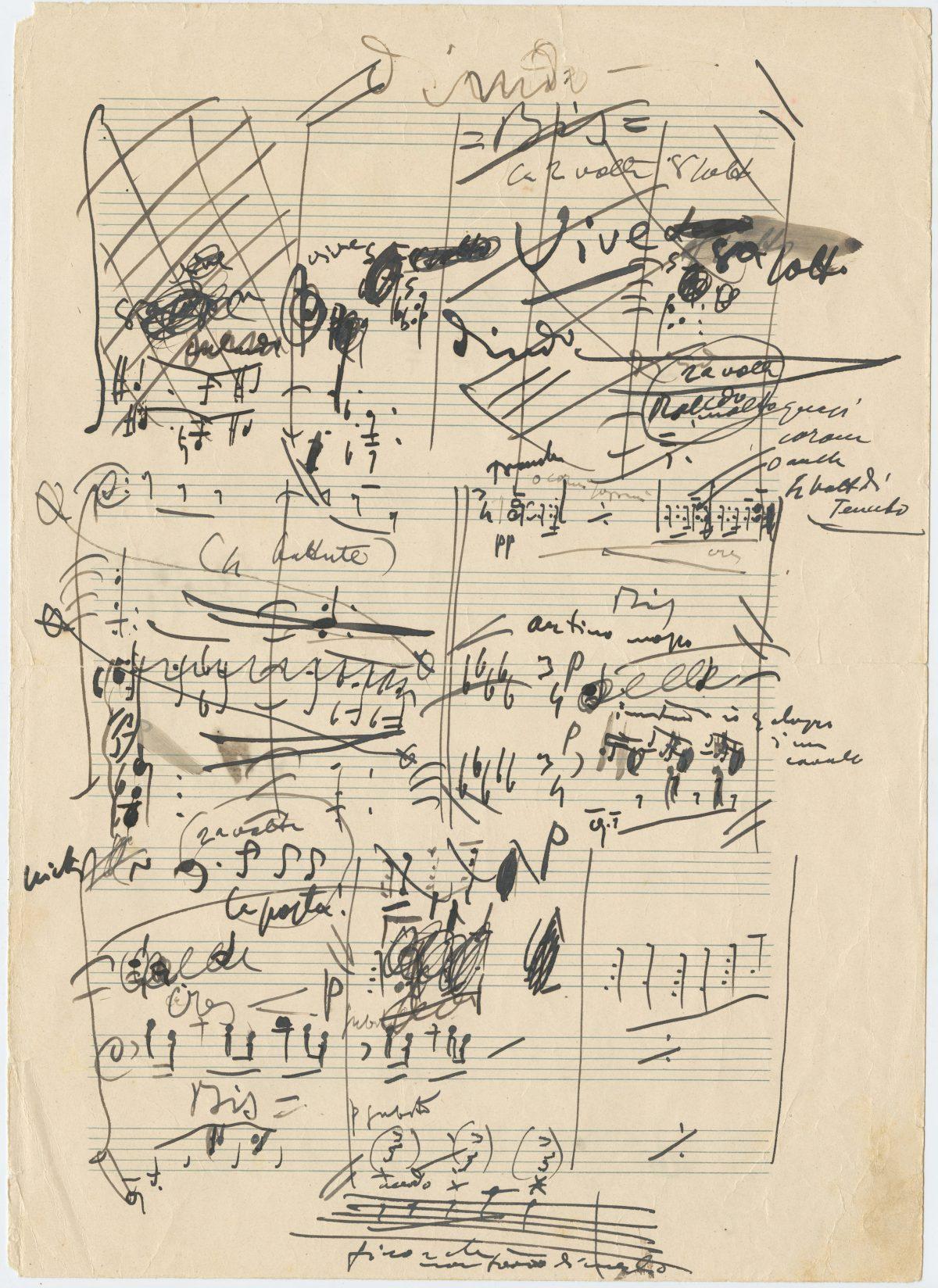 An autograph manuscript draft of a portion of Act 1 from "The Girl of the Golden West" ("La Fanciulla del West"), circa 1908, by Giacomo Puccini. Collection of Pedro Corrêa do Lago. (The Morgan Library & Museum)