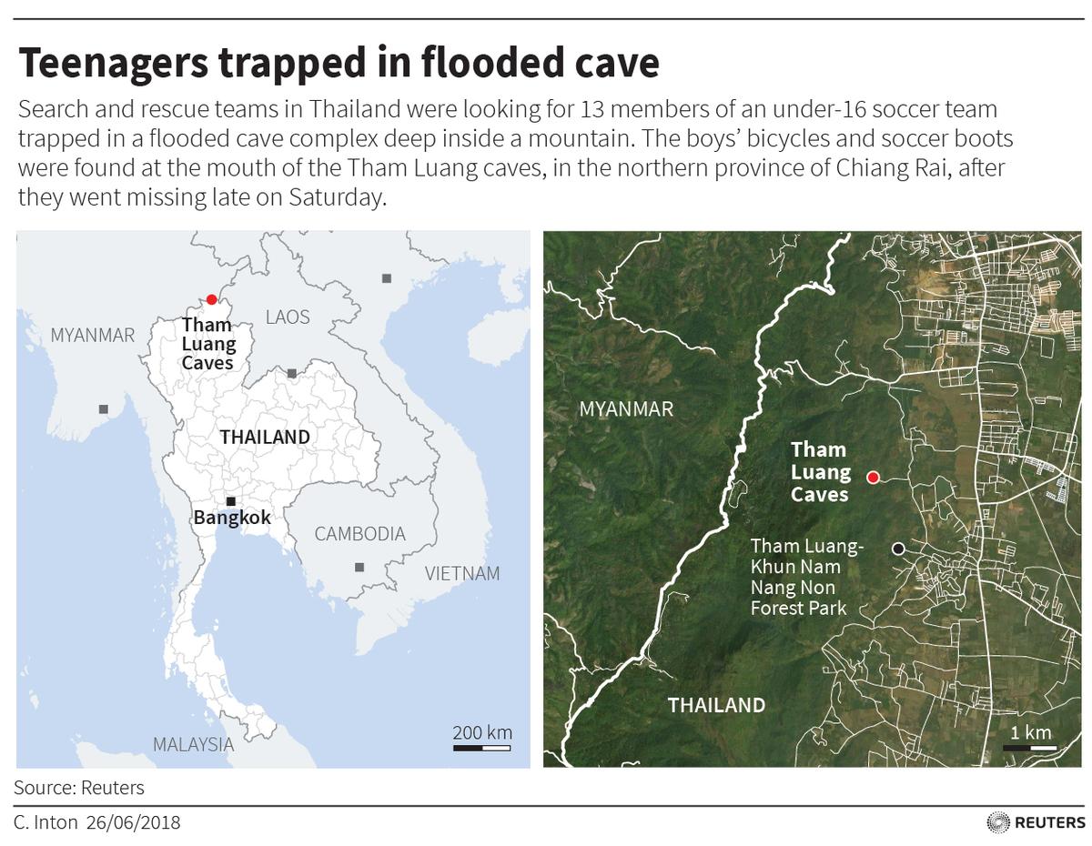 Map of Thailand showing the location of the Tham Luang caves, where the 12 schoolboys and their coach are missing. (Reuters)
