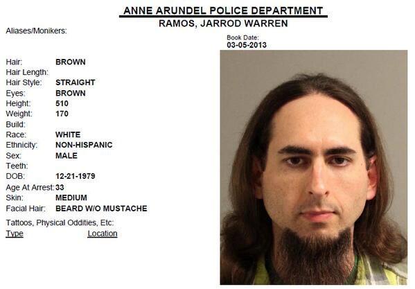 Jarrod Ramos, suspected of killing five people at the offices of the Capital Gazette newspaper office in Annapolis, Maryland, U.S., June 28, 2018 is seen in this 2013 Anne Arundel Police Department booking photo obtained from social media. (Social media via Reuters)