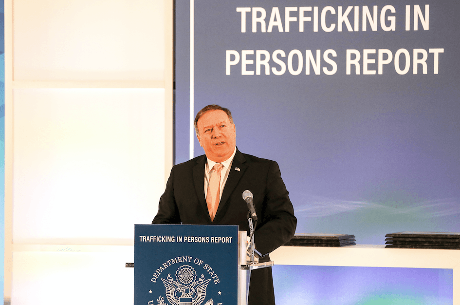 Secretary of State Mike Pompeo speaks at the release of the Trafficking in Persons Report, at the State Department in Washington on June 28, 2018. (Charlotte Cuthbertson/The Epoch Times)