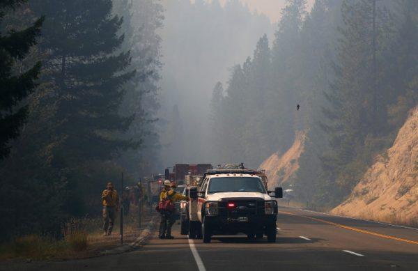 Firefighters monitor fire movement as it crosses Highway 299 just west of Buckhorn Summit near the Trinity County line. (Kelly Jordan via USA Today Network)