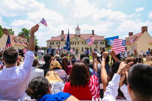 A naturalization ceremony for America's 101 newest citizens takes place at President George Washington's historic home in Mount Vernon, Va., on July 4, 2018. (Samira Bouaou/The Epoch Times)