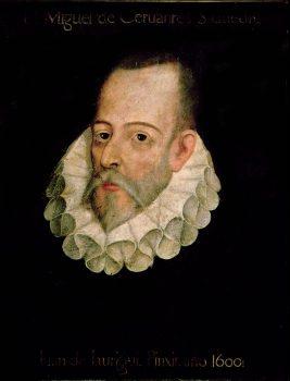 Portrait of Miguel de Cervantes Saavedra commonly said to be painted by Juan de Jáuregui. Modern scholarship does not accept that Jáuregui painted it nor that it depicts Cervantes (1605). (Public Domain)