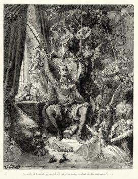 An engraving by Gustave Doré (1832–1883) of Don Quixote driven mad by reading chivalric novels. (Public Domain)