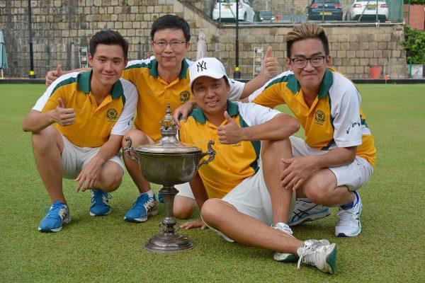 The Craigengower Cricket Club team of (from left) Martin Shum, Imen Tang, Lui Chin Hong and Jordi Lo became the first team to defend the National Fours title since 1997. They defeated a strong Kowloon Cricket Club team 20:15 in the final last Sunday, July 1. (Stephanie Worth)