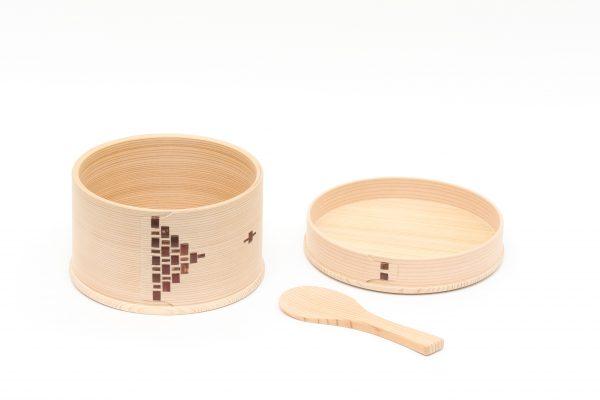 Ohitsu rice container made by bending cedar wood and securing with mountain cherry tree a traditional process called Mage-wappa. By Shibata Yoshinobu Shoten