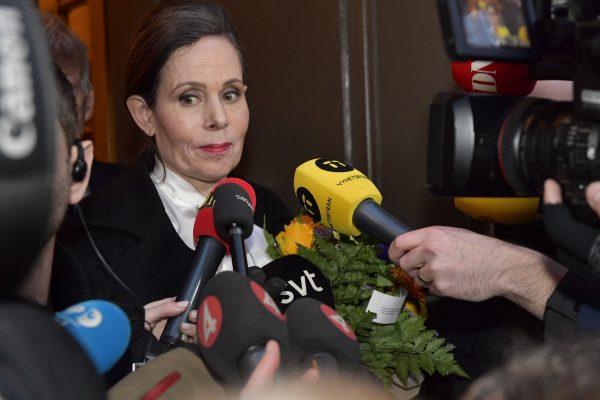 The Swedish Academy's former permanent secretary Sara Danius talks to journalists as she leaves a meeting at the Swedish Academy in Stockholm, Sweden, on April 12, 2018. (Jonas Ekstromer/AFP/Getty Images)