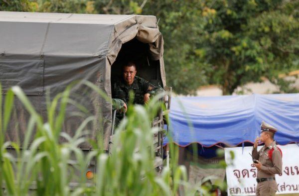 A military vehicle arrives at the Tham Luang cave complex in the northern province of Chiang Rai, Thailand, July 9, 2018. (Reuters/Soe Zeya Tun)
