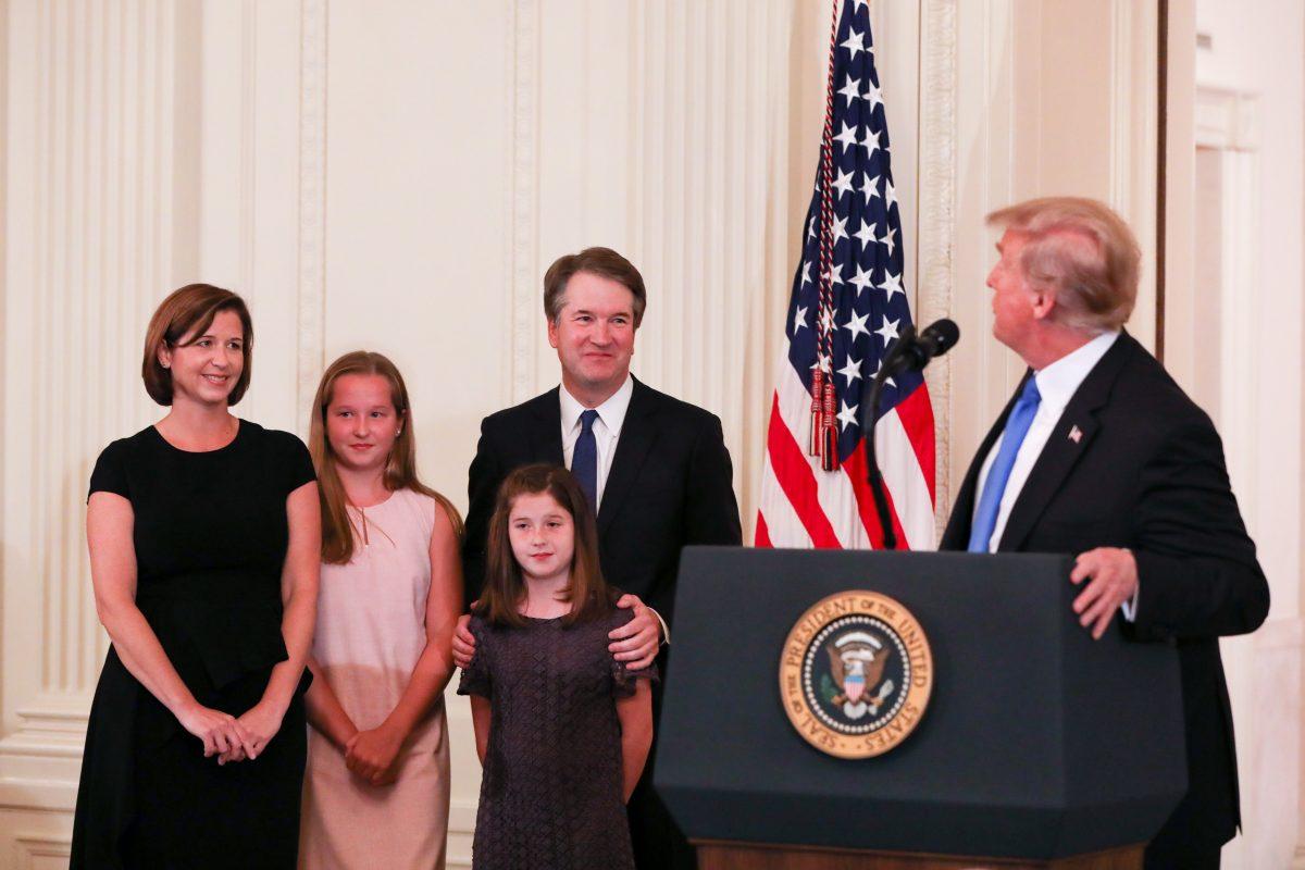 President Donald Trump introduces Brett Kavanaugh as his nominee for the Supreme Court, at the White House on July 9, 2018. (Samira Bouaou/The Epoch Times)