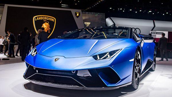 A blue Lamborghini Huracan, unrelated to the incident, is displayed at the 88th Geneva International Motor Show on March 6, 2018, in Geneva, Switzerland. (Robert Hradil/Getty Images)