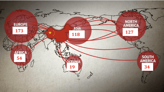 Map showing the number of Confucius Institutes in different continents at the end of 2017. (in the Name of Confucius documentary)