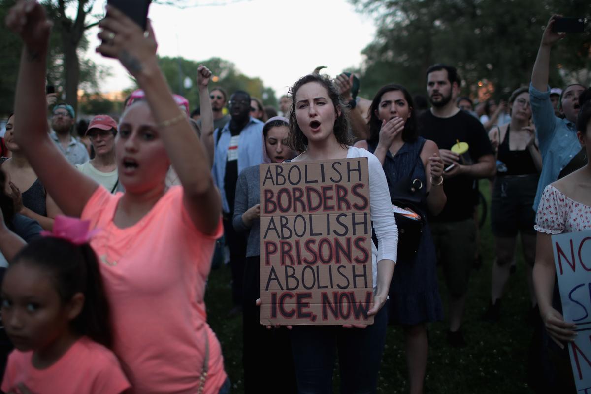 Demonstrators march in the Little Village neighborhood calling for the elimination of the U.S. Immigration and Customs Enforcement on June 29, 2018 in Chicago, Illinois. (Scott Olson/Getty Images)