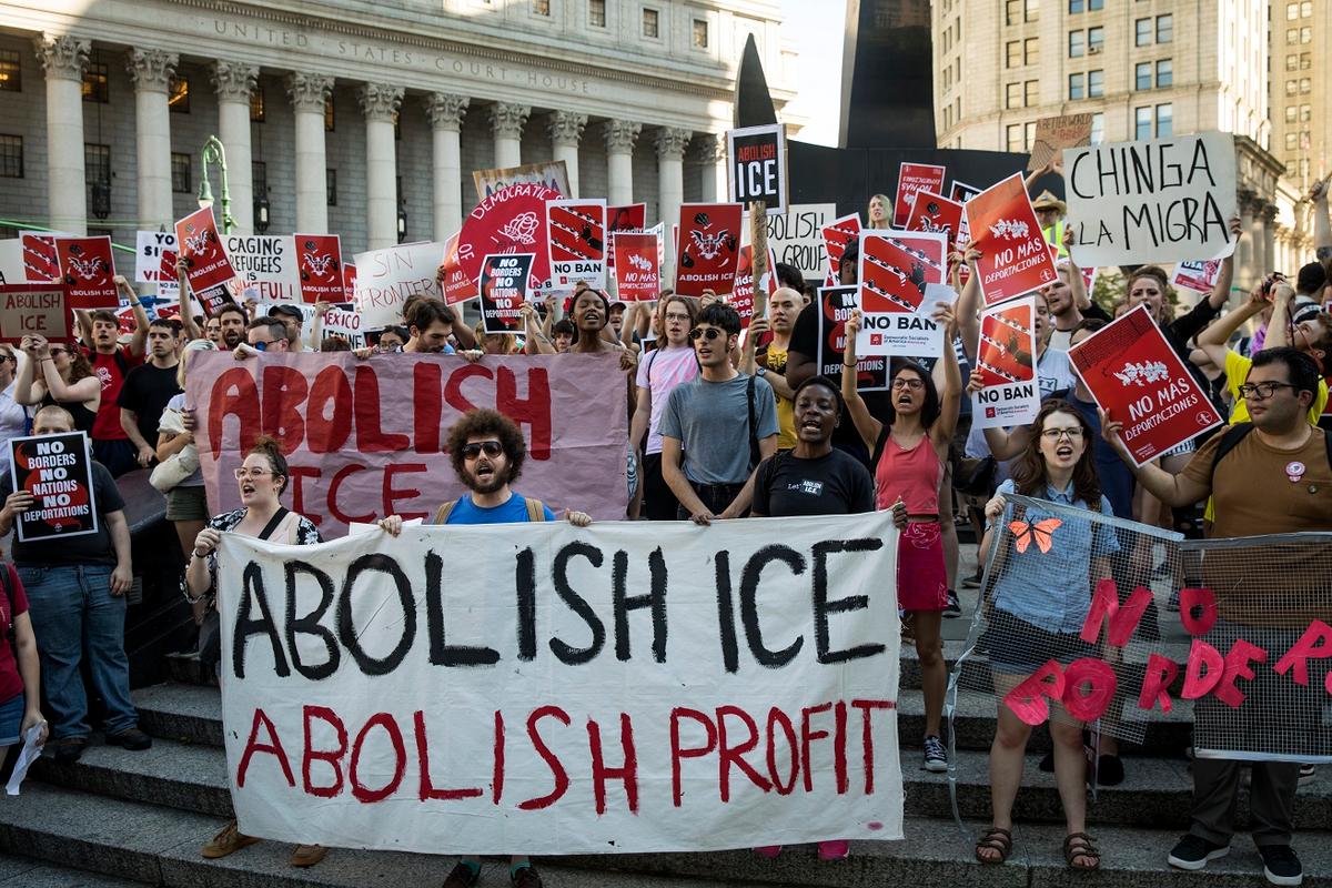 In a rally organized by the Democratic Socialists of America, activists march against Immigration and Customs Enforcement (ICE), across the street from the ICE offices at Federal Plaza in New York on June 29, 2018. (Drew Angerer/Getty Images)