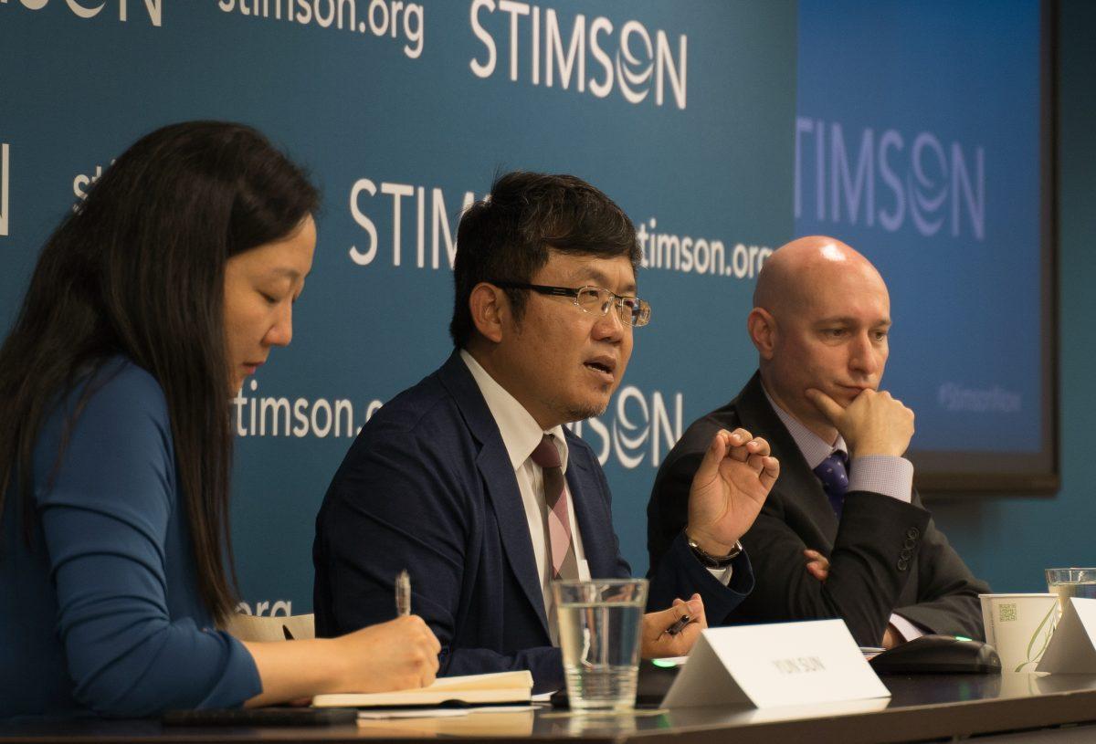 Liu Shih-chung (center), vice chairman of the Taiwan External Trade Development Council (TAITRA), speaks at a Stimson Center forum in Washington on July 12, 2018. (Paul Huang/The Epoch Times)