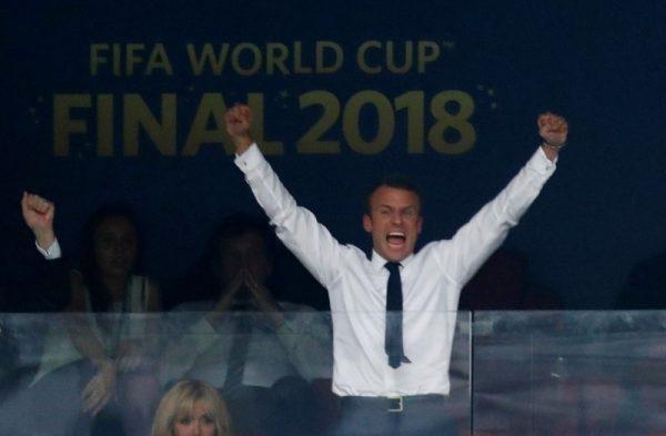 President of France Emmanuel Macron celebrates after France's win at the World Cup. (Reuters/Damir Sagolj)