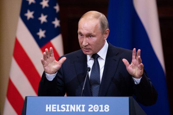 Russian President Vladimir Putin speaks during a joint press conference with President Donald Trump in Helsinki, Finland, on July 16, 2018. (Samira Bouaou/The Epoch Times)