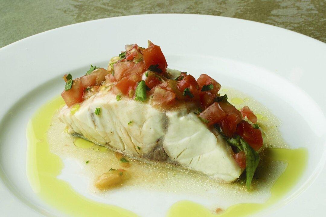 Poached Wild Striped Bass With Tomato and Garlic