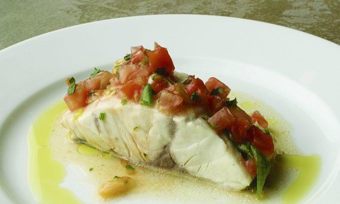 Poached Wild Striped Bass With Tomato and Garlic