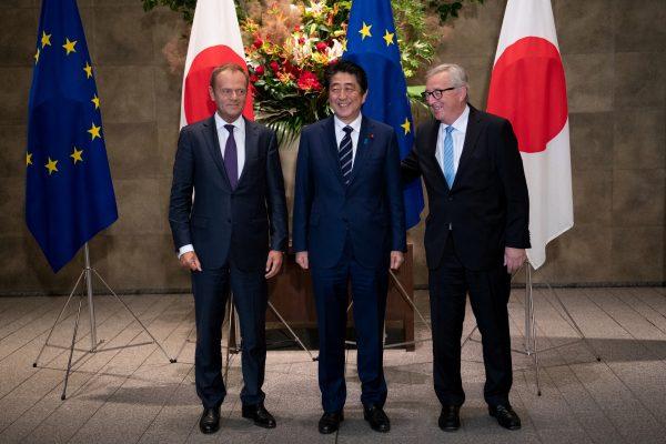 Japanese Prime Minister Shinzo Abe meets with European Commission President Jean-Claude Juncker and European Council President Donald Tusk, July 17, 2018 at the Japanese Prime Minister's office in Tokyo. (Martin Bureau/Pool via Reuters)
