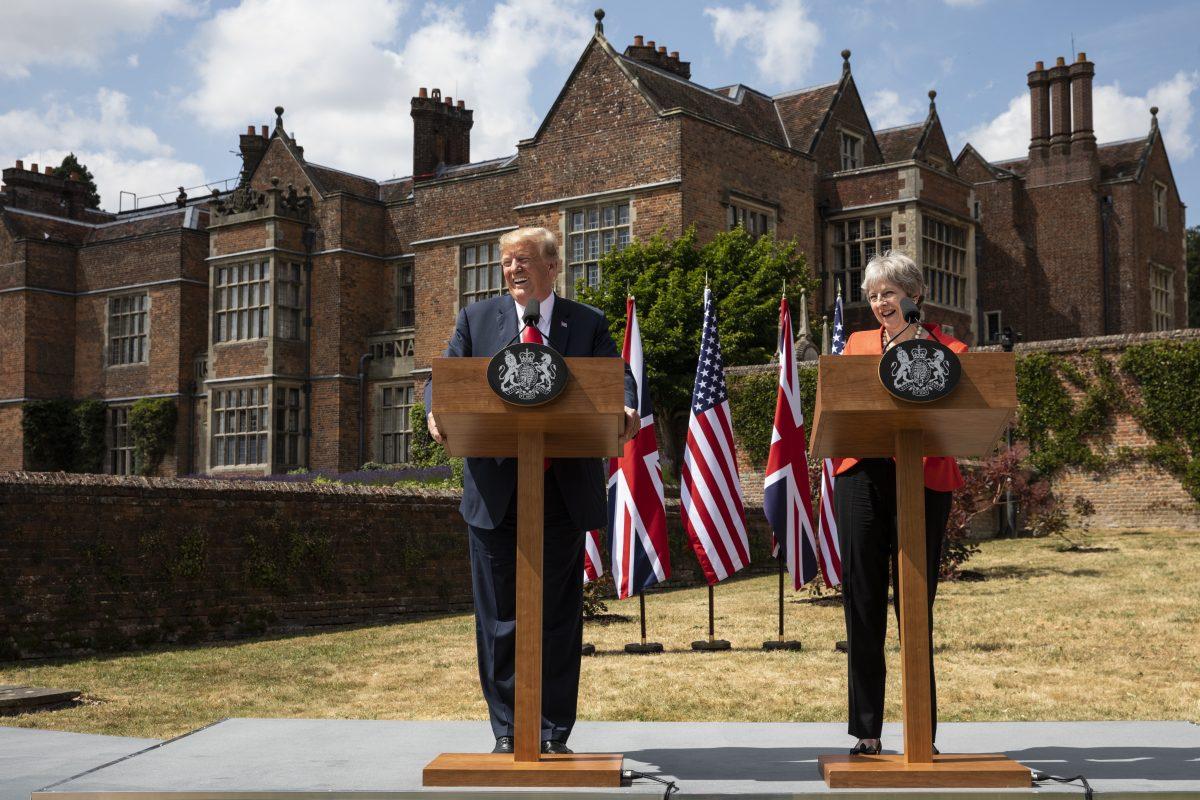 Prime Minister Theresa May and President Donald Trump hold a joint press conference at Chequers in Aylesbury, England, on July 13, 2018. (Dan Kitwood/Getty Images)