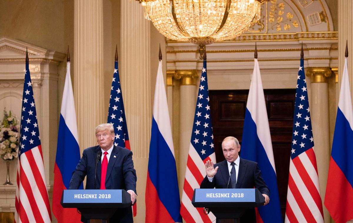 U.S. President Donald Trump (L) and Russian President Vladimir Putin during a joint press conference after their summit in Helsinki, Finland, on July 16, 2018. (Samira Bouaou/Epoch Times)