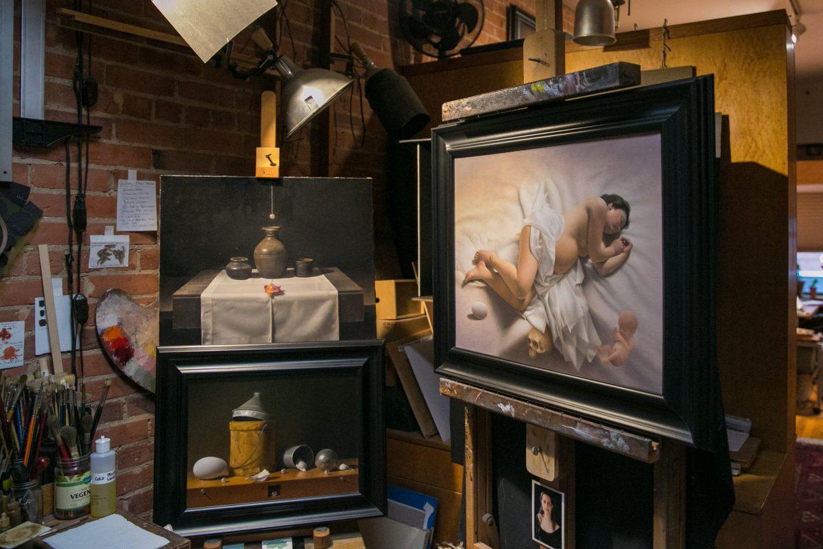  Three paintings in progress by Carlos Madrid in his studio, in his apartment in New York on July 3, 2018. (Milene Fernandez/The Epoch Times)