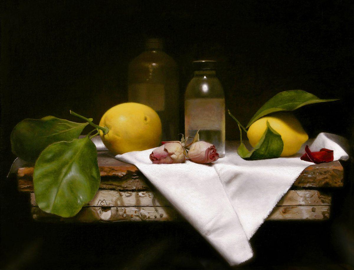  "Composition With White Cloth and Lemons," by Carlos Madrid. Oil on linen, 13 inches by 17 inches. (Courtesy of Carlos Madrid)