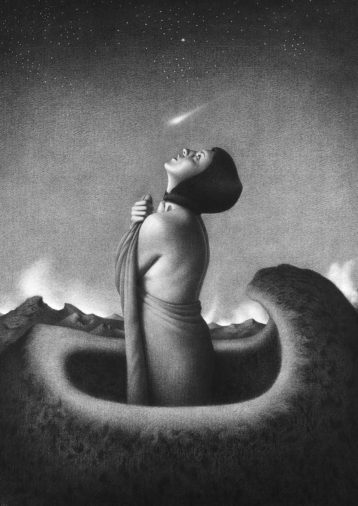 "Falling Star" by Carlos Madrid. Charcoal and white chalk on paper, 46 inches by 32 inches. (Courtesy of Carlos Madrid)