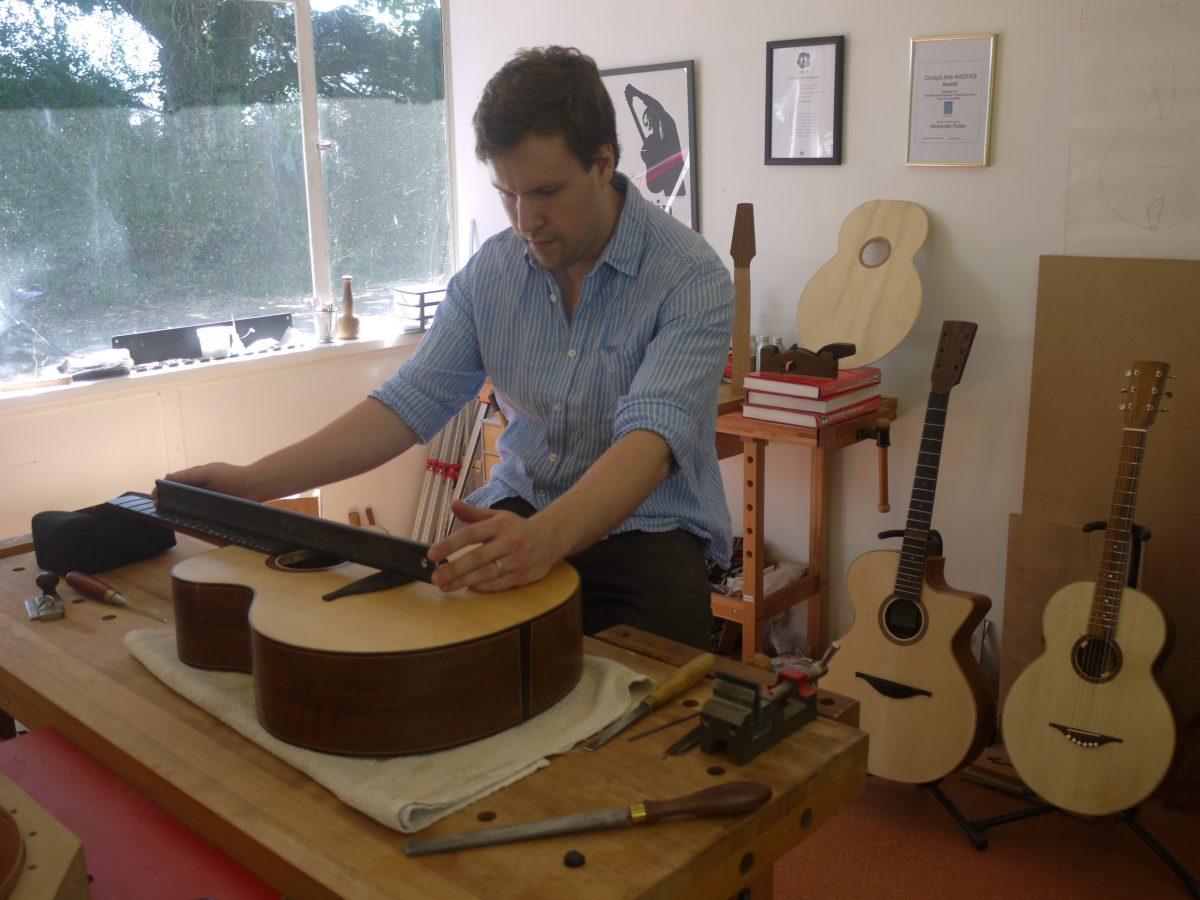 Alex Potter pays attention to the unique qualities of each piece of timber, each instrument is meticulously measured as part of the set-up before his handiwork leaves the workshop. (Courtesy of Alex Potter)