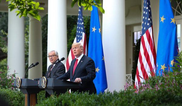 President Donald Trump meets with the President of the European Commission Jean-Claude Juncker in the Rose Garden of the White House in Washington on July 25, 2018. (Samira Bouaou/The Epoch Times)