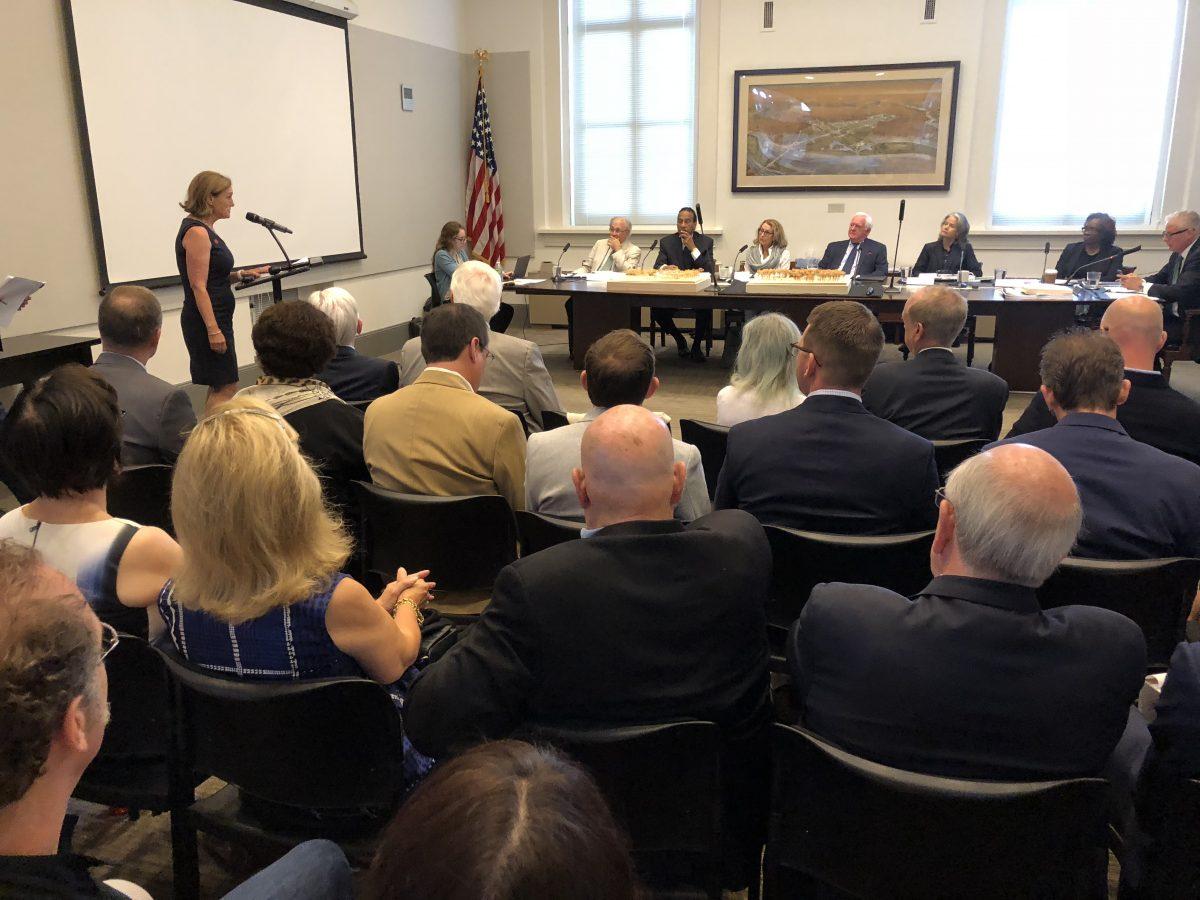 World War One Centennial Commission commissioner Libby O’Connell briefs the U.S. Commission of Fine Arts regarding the new National World War I Memorial for Washington, D.C., on July 19, 2018. (U.S. World War One Centennial Commission)
