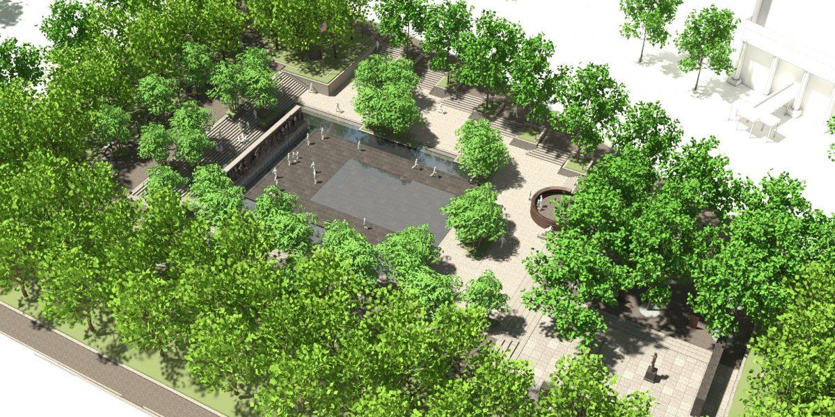 A rendering of architect Joe Weishaar's park design with Sabin Howard’s bronze relief sculpture for the National World War I Memorial, in July 2018, to be sited in Pershing Park, in Washington. (World War I Memorial Design Team)