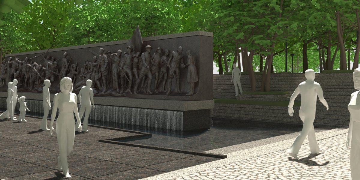 A rendering of architect Joe Weishaar's park design with Sabin Howard’s bronze relief sculpture for the National World War I Memorial, in July 2018, to be sited in Pershing Park, in Washington, D.C. (World War I Memorial Design Team)