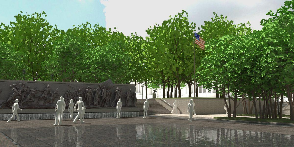 A rendering of architect Joe Weishaar's park design with Sabin Howard’s bronze relief sculpture for the National World War I Memorial, in July 2018, to be sited in Pershing Park, in Washington, D.C. (World War I Memorial Design Team)