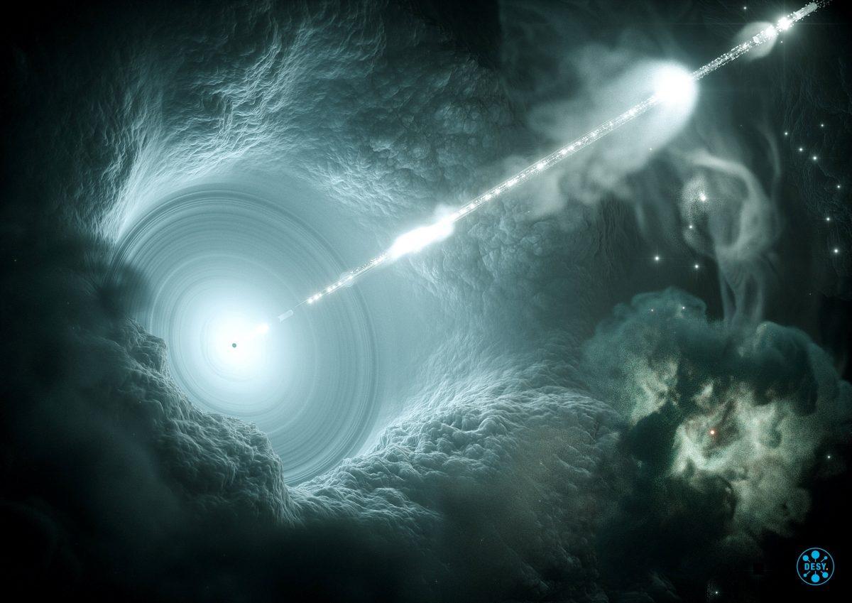 Artist's impression of the active galactic nucleus shows the supermassive black hole at the center of the accretion disk sending a narrow high-energy jet of matter into space, perpendicular to the disc in this image by Science Communication Lab in Kiel Germany, released on July 12, 2018. (Courtesy DESY, Science Communication Lab/Handout via Reuters)